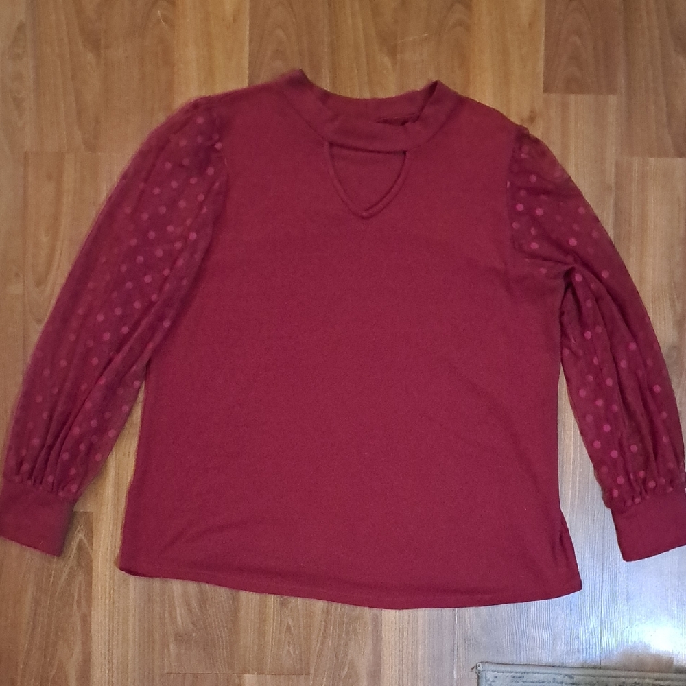 Maurices Deep Red Blouse with Sheer Sleeves